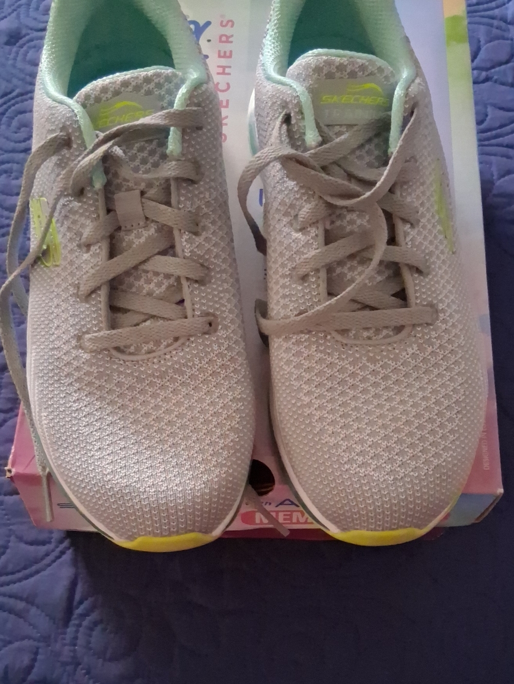 Skechers Light Gray Knit Sneakers with Mint and Yellow Accents